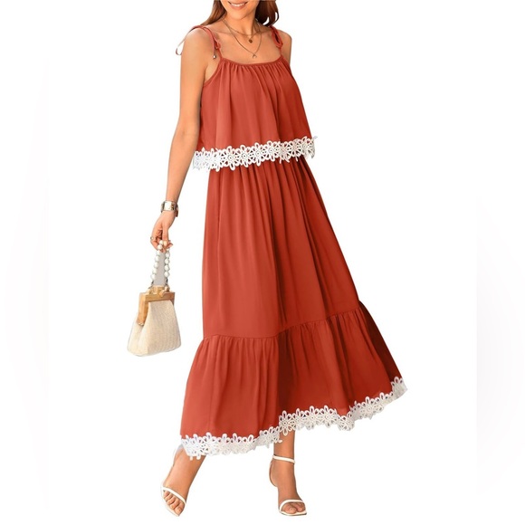 NEW| Boho Sun Dress Tie Spaghetti Strap A Line Ruffle Beach Long Maxi Dres - Picture 5 of 5